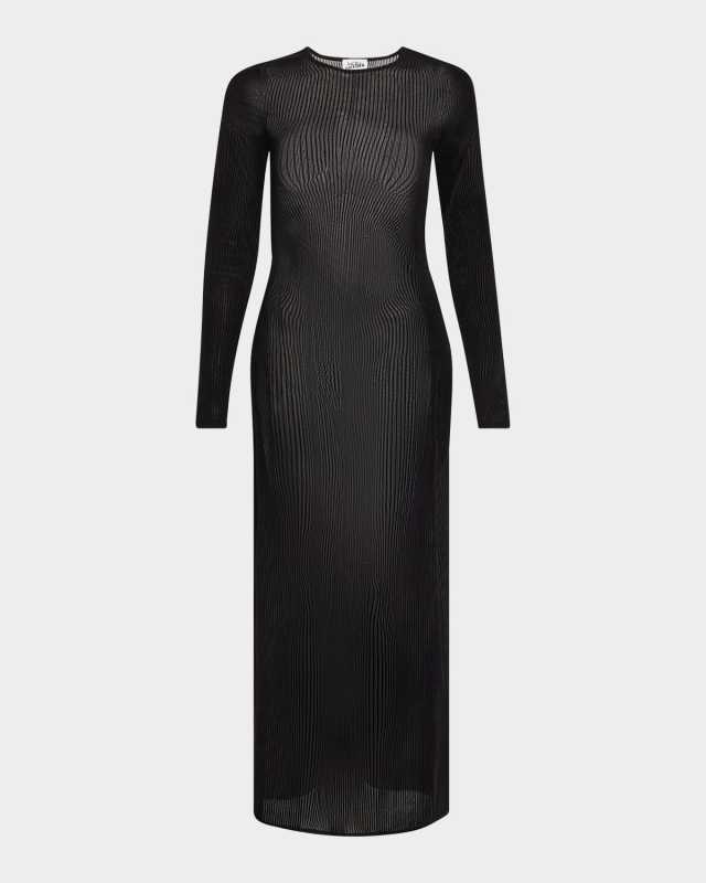 Flocked Morphing Pinstriped Mesh Maxi Dress